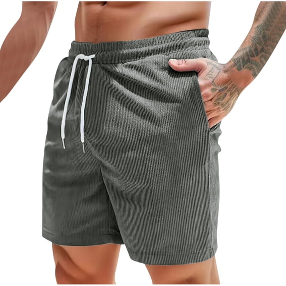 HOOMEUMY Men's Summer Corduroy Shorts Straight Fit Elastic Waist Beach Shorts with Pockets Solid Color Drawstring Lounge Shorts Gray M