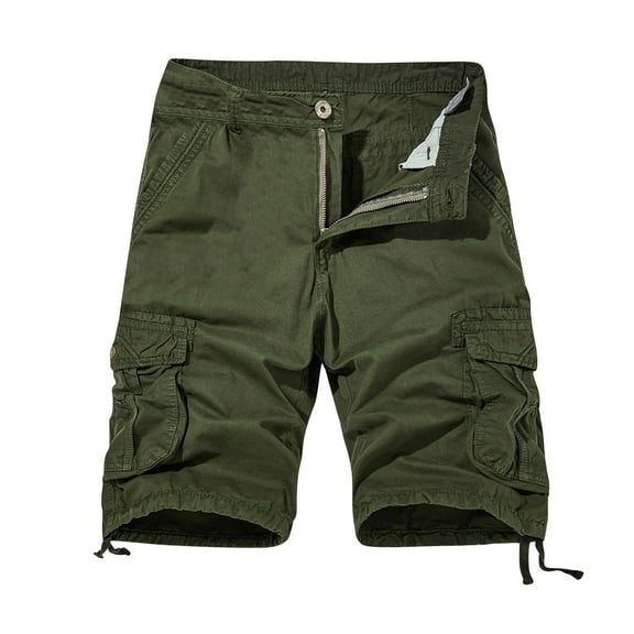 HOOMEUMY Men's Summer Cotton Cargo Shorts Multi-Pocket Straight Baggy Work Shorts with Belt Solid Loose Fit Black Knee Length Shorts Green L