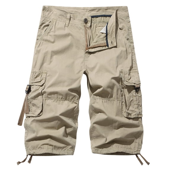 HOOMEUMY Men's Summer Cotton Cargo Shorts Straight Fit Workout Casual Classic Solid Breathable Relaxed Multi Pockets Capri Pants Yellow M