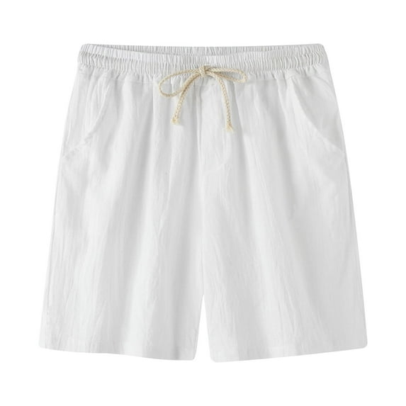 HOOMEUMY Men's Summer Cotton Linen Shorts Drawstring Elastic Waist Light Weight Beach Shorts with Pockets White M