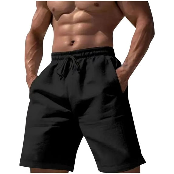 HOOMEUMY Men's Summer Cotton Linen Shorts Drawstring Elastic Waist Solid Color Beach Shorts with Pockets Black M