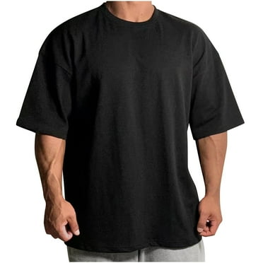 HOOMEUMY Men's Summer Cotton Short Sleeve Solid Color Loose Fit T-Shirt Crew Neck Tee Tops Oversized Tshirt Black L