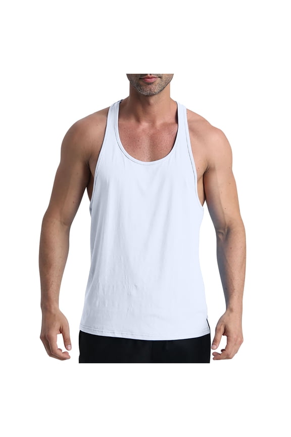 Men's Summer Cotton Tank Top Bodybuilding Stringer Vest Fitness Y-Back Vest Gym Workout Muscle Vest White XL