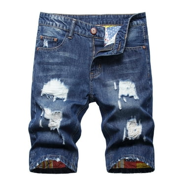 HOOMEUMY Men's Summer Denim Shorts Distressed Ripped Hole Stretch Slim Fit Jean Shorts Straight Leg Trucker Shorts with Pockets Blue XXL