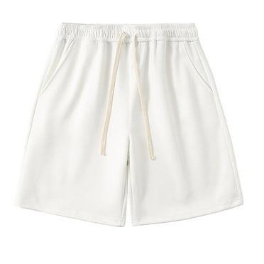 HOOMEUMY Men's Summer Drawstring Elastic Waist Quick Dry Breathable Casual Solid Color Straight Sports Shorts with Pockets White L