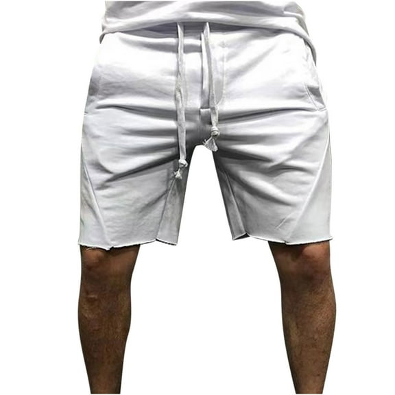 HOOMEUMY Men's Summer Drawstring Elastic Waist Solid Color Shorts with Pockets Ripped Hole Beach Shorts Sports Shorts Sweatpants White XXL