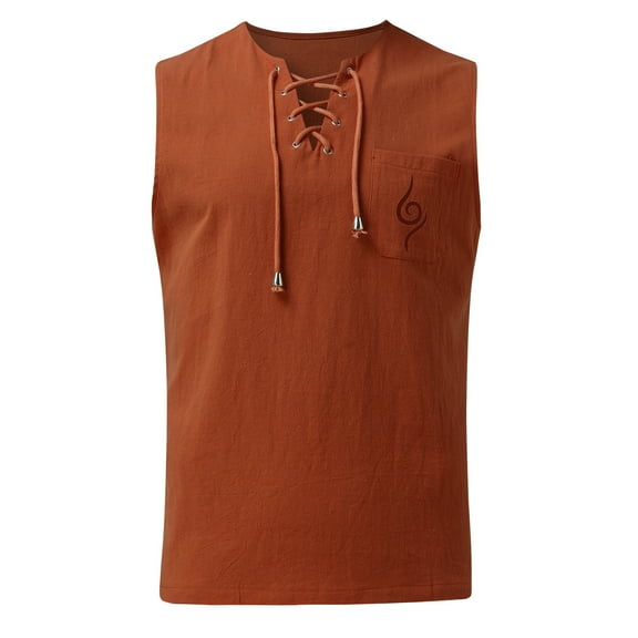 HOOMEUMY Men's Summer Drawstring Solid Color Tank Top Loose Fit Tank Tops Lace-Up Sleeveless Vest with Pocket Red XL