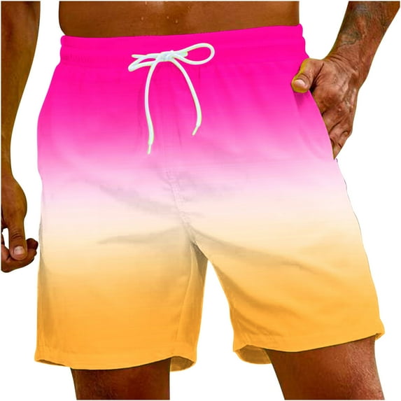 HOOMEUMY Men's Summer Gradient Beach Shorts Drawstring Elastic Waist Mesh Lining Quick Dry Swim Trunks with Pockets Multi-color S