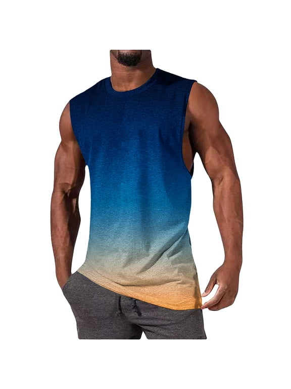Men's Summer Gradient Tank Top Crew Neck Sleeveless Muscle Fitness Bodybuilding Stringer Tank Top Loose Fit Vest i_Dark Blue XL
