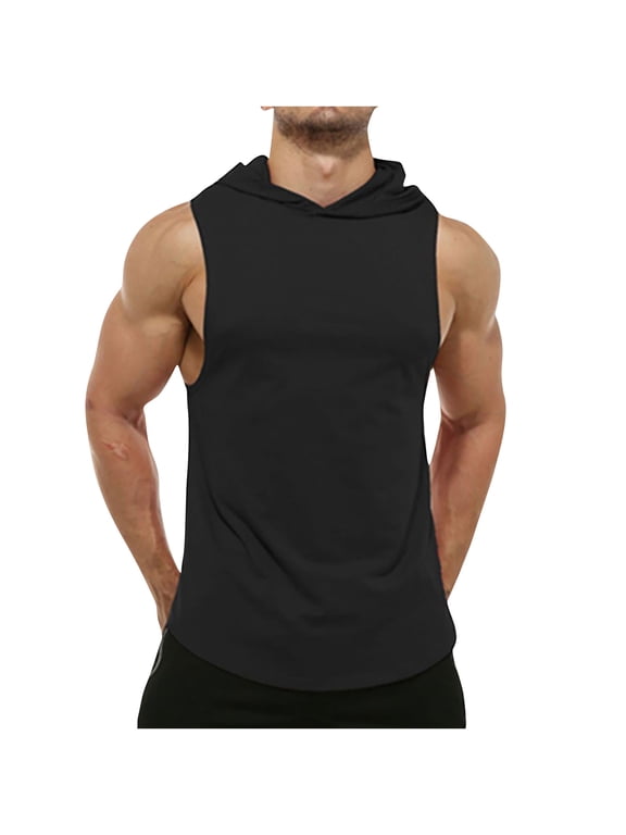 Men's Summer Hooded Tank Tops Solid Color Sleeveless Fitness Bodybuilding Tank Top Gym Workout Stringer Vest Black XL