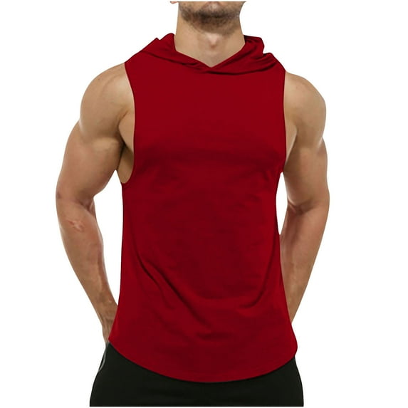 HOOMEUMY Men's Summer Hooded Tank Tops Solid Color Sleeveless Fitness Bodybuilding Tank Top Gym Workout Stringer Vest Wine XXL