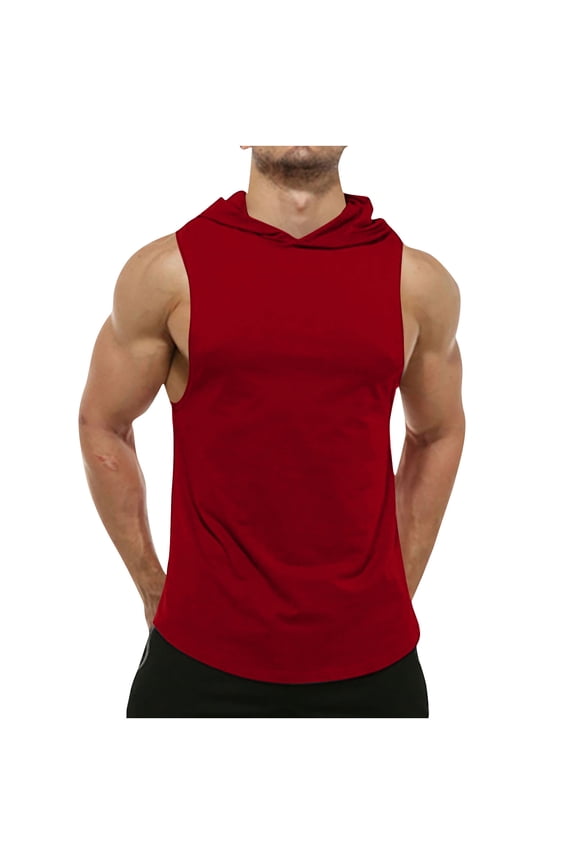 Men's Summer Hooded Tank Tops Solid Color Sleeveless Fitness Bodybuilding Vest Gym Workout Stringer Vest Red S