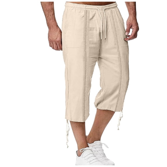 HOOMEUMY Men's Summer Linen Cotton Capri Pants 3/4 Length Trousers Drawstring Elastic Waist Solid Color Loose Fit Beach Shorts with Pockets Beige XL