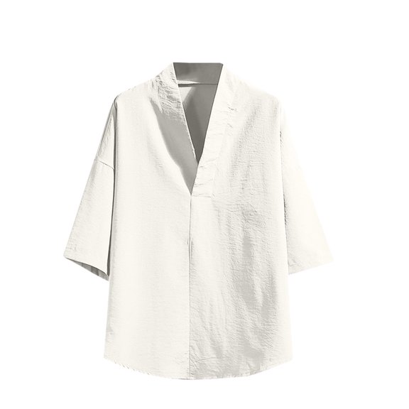 HOOMEUMY Men's Summer Linen V-Neck 3/4 Sleeve Classic Solid Tunic Shirts Loose Fit Casual Breathable Tops Blouse White XL
