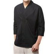 HOOMEUMY Men's Summer Linen V-Neck Chinese Style Kungfu Tunic Tops Loose Fit 3/4 Sleeve Solid Color Shirts Blouse Black XXXL
