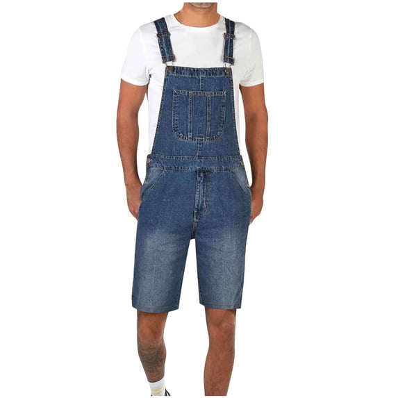 HOOMEUMY Men's Summer Loose Fit Denim Shorts Overalls Bib Overalls Adjustable Straps Carpenter Jean Dungarees Rompers Blue L