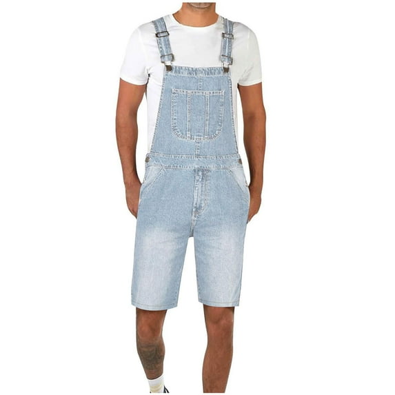 HOOMEUMY Men's Summer Loose Fit Denim Shorts Overalls Bib Overalls Adjustable Straps Carpenter Jean Dungarees Rompers Blue XXXL