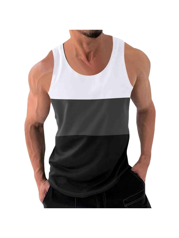 Men's Summer Muscle Tank Top Color Block Sleeveless Crew Neck Loose Fit Tank Top Sports Gym Workout Stringer UnderVest White XL