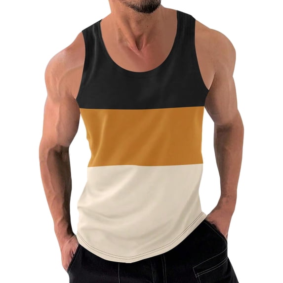 HOOMEUMY Men's Summer Muscle Tank Top Color Block Sleeveless Crew Neck Loose Fit Tank Top Sports Gym Workout Stringer UnderVest Yellow XXL