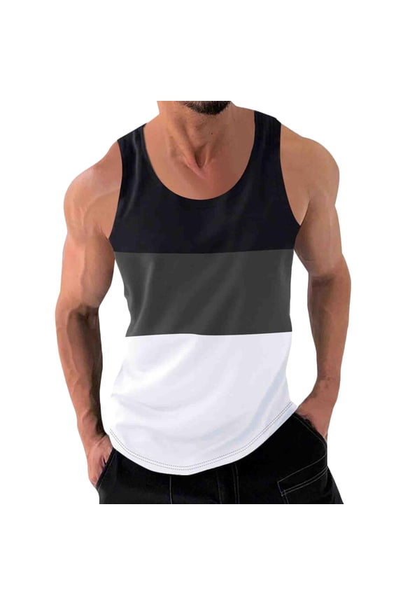 Men's Summer Muscle Tank Top Color Block Sleeveless Crew Neck Loose Fit Tank Top Sports Gym Workout Stringer UnderVest Black S