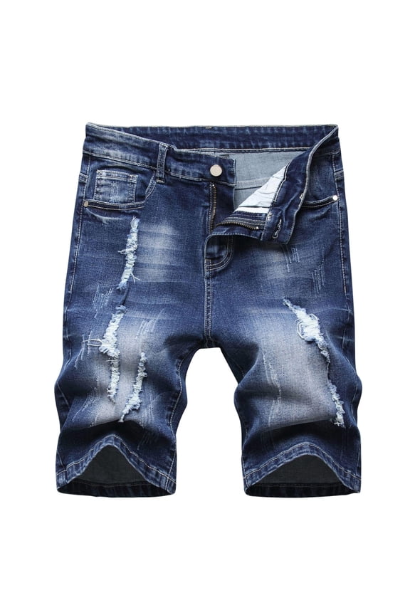 Men's Summer Ripped Denim Shorts Distressed Slim Fit Straight Stretch Short Pants Stretch Trucker Jean Shorts for Men Blue 6