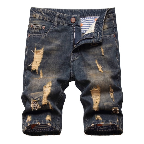 HOOMEUMY Men's Summer Ripped Denim Shorts Stretch Breathable Wear-resistant Distressed Hole Jeans Straight Short Pants Blue M