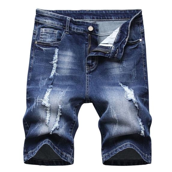 HOOMEUMY Men's Summer Ripped Slim Fit Denim Shorts Distressed Stretch Straight Trucker Jean Shorts with Holes Blue L