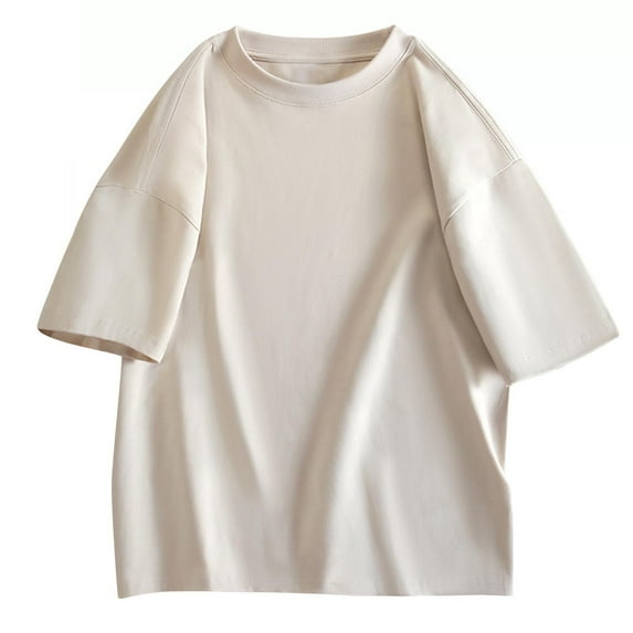 HOOMEUMY Men's Summer Round Neck Short Sleeve T-Shirt Baggy Loose Solid Color Tee Shirt Femme Oversized Cotton Tunic Tops Beige L