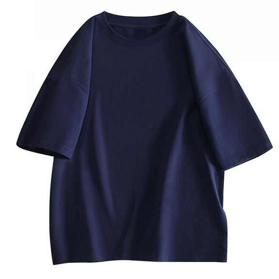 HOOMEUMY Men's Summer Round Neck Short Sleeve T-Shirt Baggy Loose Solid Color Tee Shirt Femme Oversized Cotton Tunic Tops Blue S
