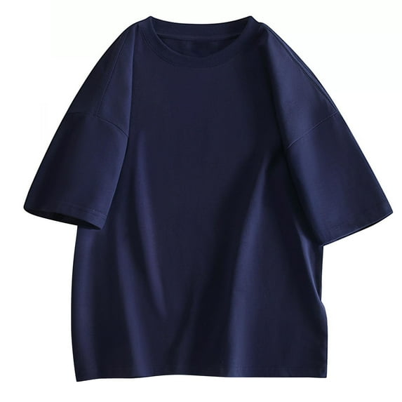 HOOMEUMY Men's Summer Round Neck Short Sleeve T-Shirt Baggy Loose Solid Color Tee Shirt Femme Oversized Cotton Tunic Tops Blue XXL