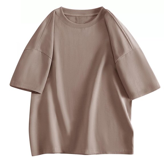 HOOMEUMY Men's Summer Round Neck Short Sleeve T-Shirt Baggy Loose Solid Color Tee Shirt Femme Oversized Cotton Tunic Tops Brown XXXXL
