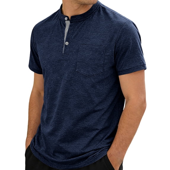 HOOMEUMY Men's Summer Short Sleeve Button Placket Shirts Solid Color Streetwear Casual Trendy Tees for Daily Wear Navy S