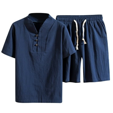 HOOMEUMY Men's Summer Short Sleeve Chinese Style Tang Suit Linen Cotton 2 Piece Outfit Set Loose Fit Kungfu Shirt Shorts Blue M