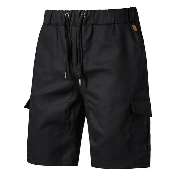 HOOMEUMY Men's Summer Shorts Cotton Linen Drawstring Elastic Waist Multi-Pocket Bermuda Short Pants Plus Size Black 4