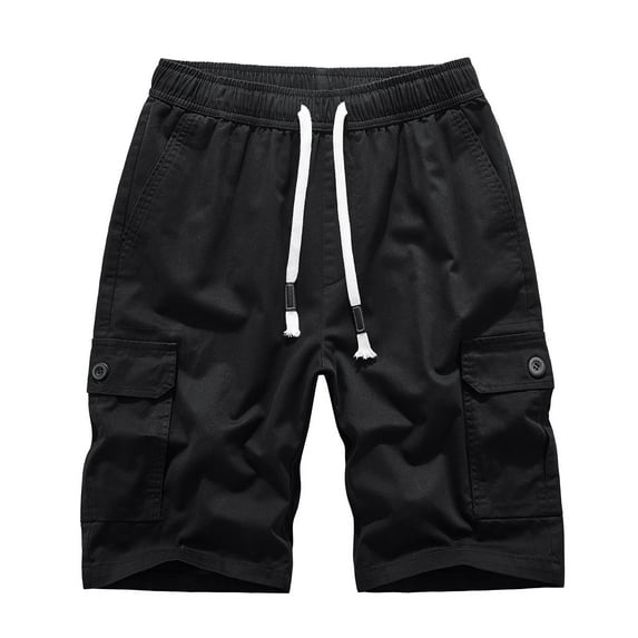 HOOMEUMY Men's Summer Shorts Cotton Linen Solid Color Drawstring Multi Pockets Bermuda Beach Short Pants Black S