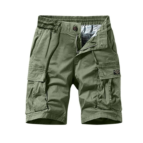 HOOMEUMY Men's Summer Shorts Cotton Loose Fit Elastic Waist Breathable Multi-Pocket Cargo Shorts Straight Work Beach Shorts Green M