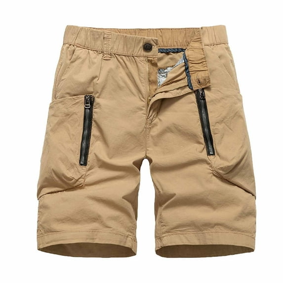 HOOMEUMY Men's Summer Shorts Cotton Multi-Pocket Bermuda Cargo Shorts Stretch Relaxed Fit Shorts Straight Work Beach Shorts with Zipper Yellow M