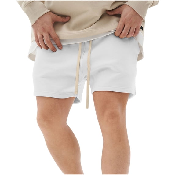 HOOMEUMY Men's Summer Shorts Drawstring Elastic Waist Solid Color Loose Fit Beach Shorts with Pockets White L