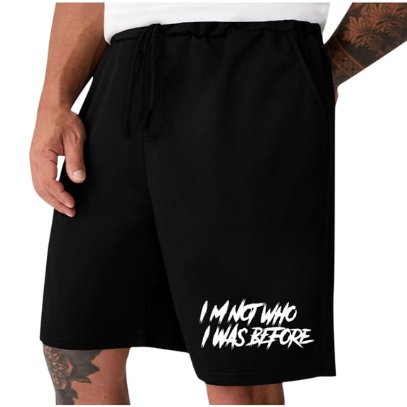 HOOMEUMY Men's Summer Shorts I'm Not Who I Was before Drawstring Elastic Waist Solid Color Loose Fit Beach Shorts with Pockets Black XL