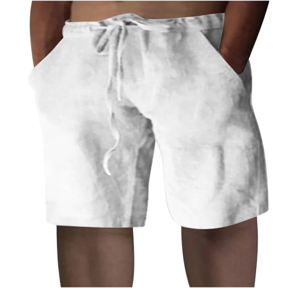 HOOMEUMY Men's Summer Shorts Linen Elastic Waist Drawstring Beach Shorts with Pockets Solid Color Bermuda Shorts White 6