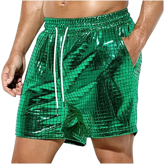 HOOMEUMY Men's Summer Shorts Metallic Shiny Beach Shorts Drawstring Elastic Waist with Pockets Quick Dry Swim Trunks Green M