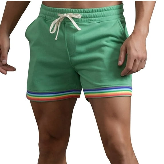 HOOMEUMY Men's Summer Shorts Rainbow Striped Elastic Waist Drawstring Solid Color Beach Shorts with Pockets Green XXL