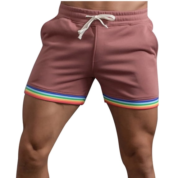 HOOMEUMY Men's Summer Shorts Rainbow Striped Elastic Waist Drawstring Solid Color Beach Shorts with Pockets Red XXXXL