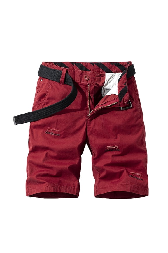 Men's Summer Shorts Solid Color Multi-Pockets Straight Bermuda Shorts with Belt Belted Bermuda Cargo Shorts for Men Red 4