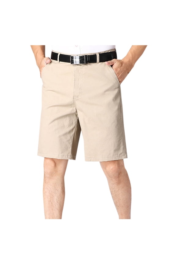 Men's Summer Shorts Solid Color Straight Fit Belt Bermuda Knee Length Khaki Shorts with Pockets Beige M