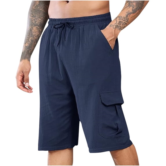 HOOMEUMY Men's Summer Shorts with Pockets Solid Color Loose Fit Beach Shorts Knee Length Drawstring Elastic Waist Linen Shorts Blue M