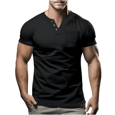 HOOMEUMY Men's Summer Slim Fit Henley Shirt Stretch Breathable Short Sleeve V Neck T-Shirts with Pocket Basic Tee Tops Black XXL