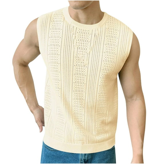 HOOMEUMY Men's Summer Slim Fit Solid Color Knitted Tank Top Basic Crew Neck Sleeveless Pullover Tank Top Beige XXXL