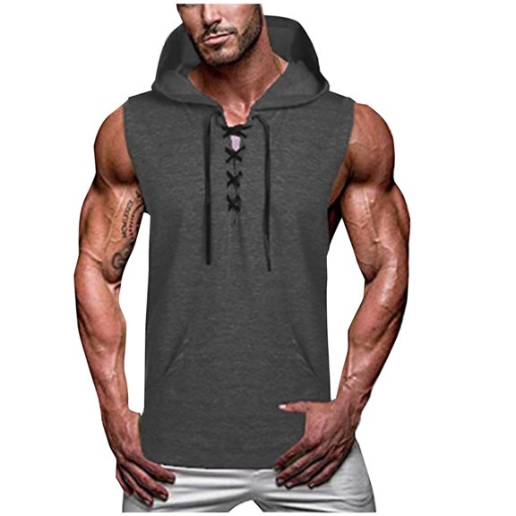 HOOMEUMY Men's Summer Solid Color Hooded Drawstring Vest Bodybuilding Fitness Breathable Stringer Tank Tops Gray L