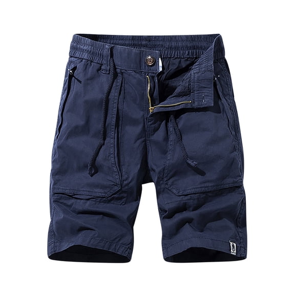 HOOMEUMY Men's Summer Solid Color Loose Fit Straight Drawstring Beach Shorts with Pockets Cotton Cargo Shorts for Men Dark Blue 12